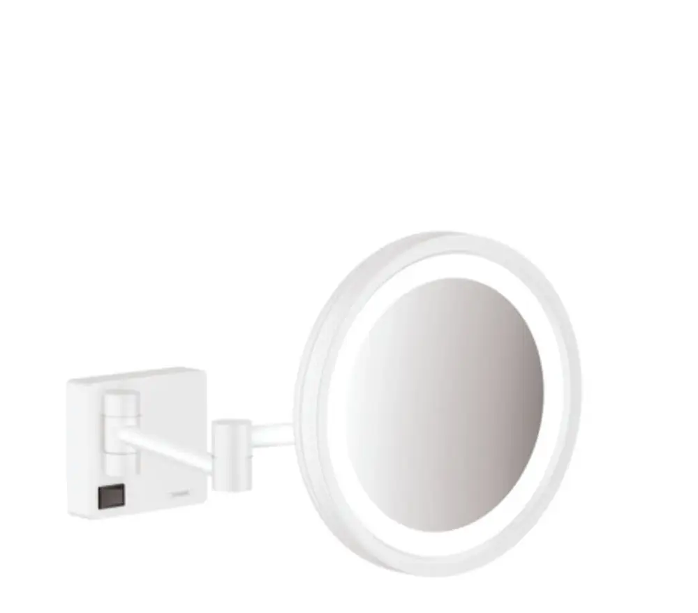Weißer Wandspiegel von Hansgrohe mit LED-Beleuchtung und drehbarem Arm, montiert an einer Wand. Der Spiegel bietet eine optimale Sicht für Pflege- und Schönheitsanwendungen.